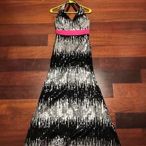 Black and Silver Halter Gown with Hot Pink Band